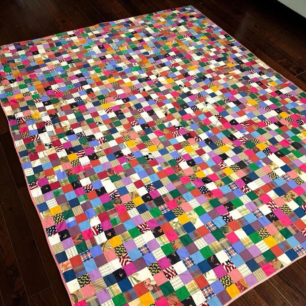 VTG Full / Queen Postage Stamp Quilt Colorful Boho Cottagecore Patchwork Blanket